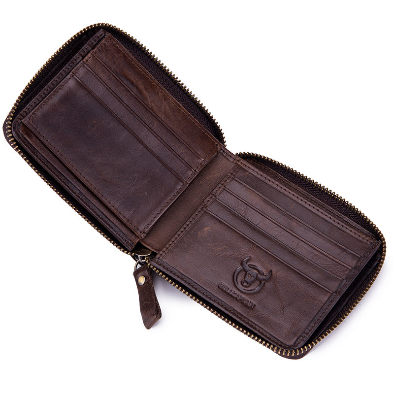Mens Genuine Leather Zipper Wallet RFID Secure Multi-card Coin Purse Coffee