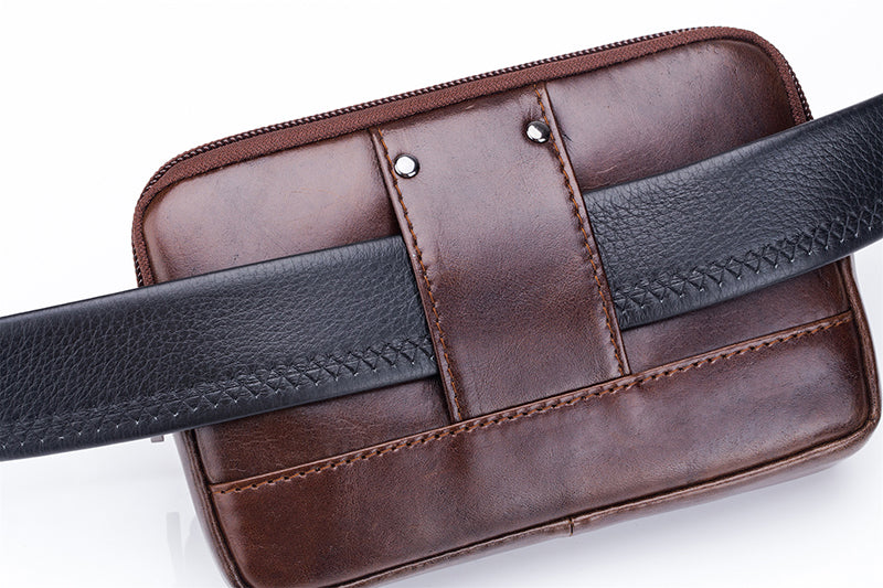 Mens Leather Casual Waist Fanny Pack Bag Belt Mobile Phone Bag Brown