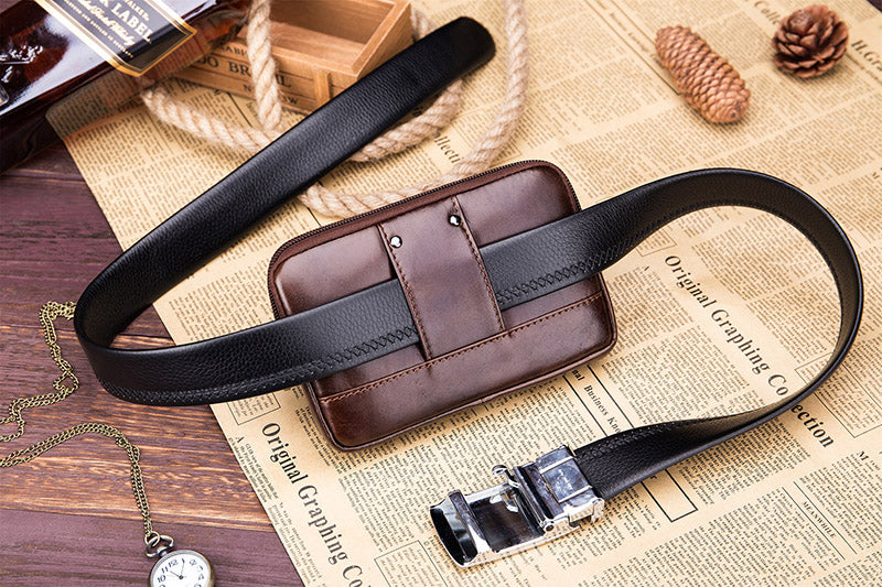 Mens Leather Casual Waist Fanny Pack Bag Belt Mobile Phone Bag Brown