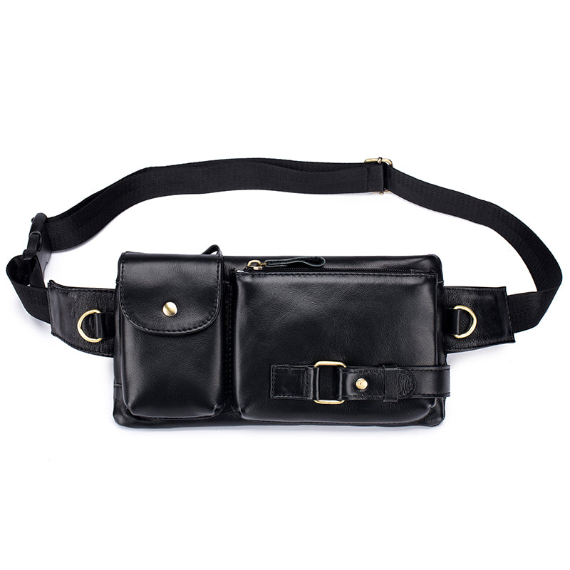 Mens Leather Fanny Pack Vintage Crossbody Chest Waist Belt Bag Black