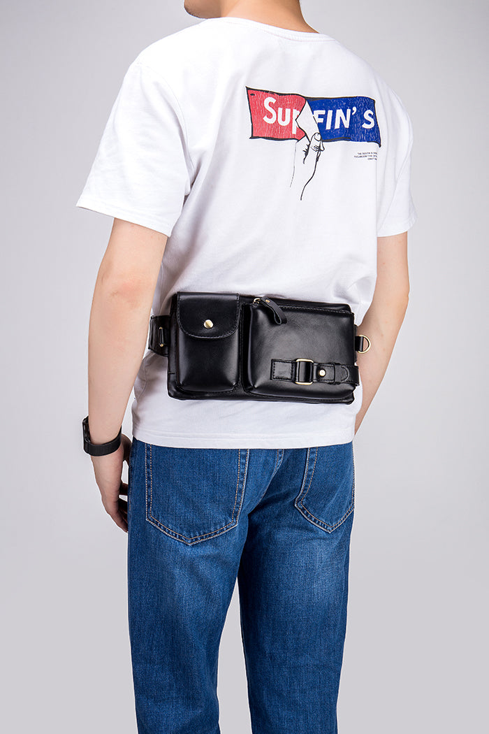 Mens Leather Fanny Pack Vintage Crossbody Chest Waist Belt Bag Black