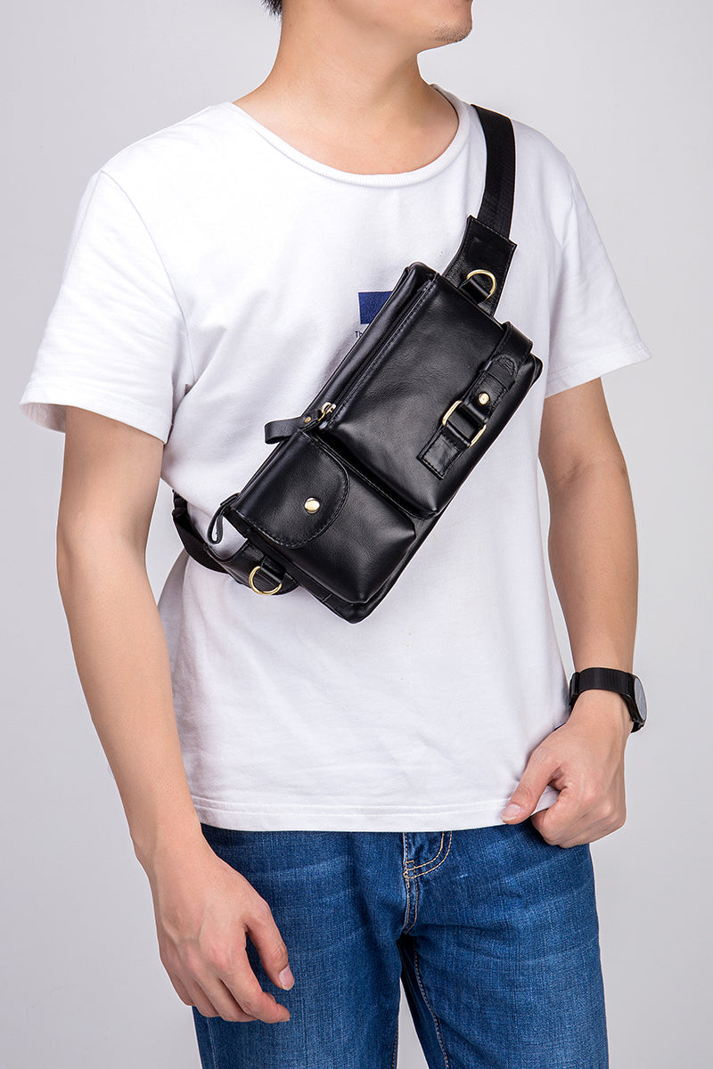 Mens Leather Fanny Pack Vintage Crossbody Chest Waist Belt Bag Black