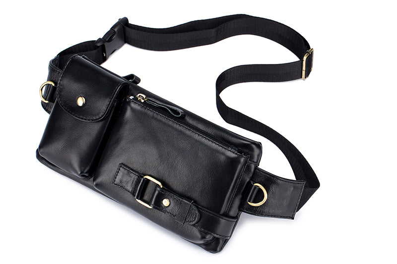Mens Leather Fanny Pack Vintage Crossbody Chest Waist Belt Bag Black