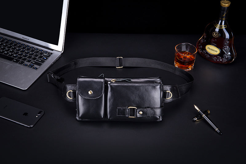 Mens Leather Fanny Pack Vintage Crossbody Chest Waist Belt Bag Black