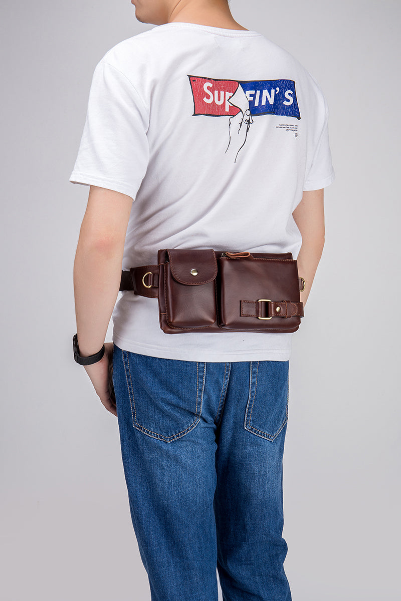 Mens Leather Fanny Pack Vintage Crossbody Chest Waist Belt Bag Coffee