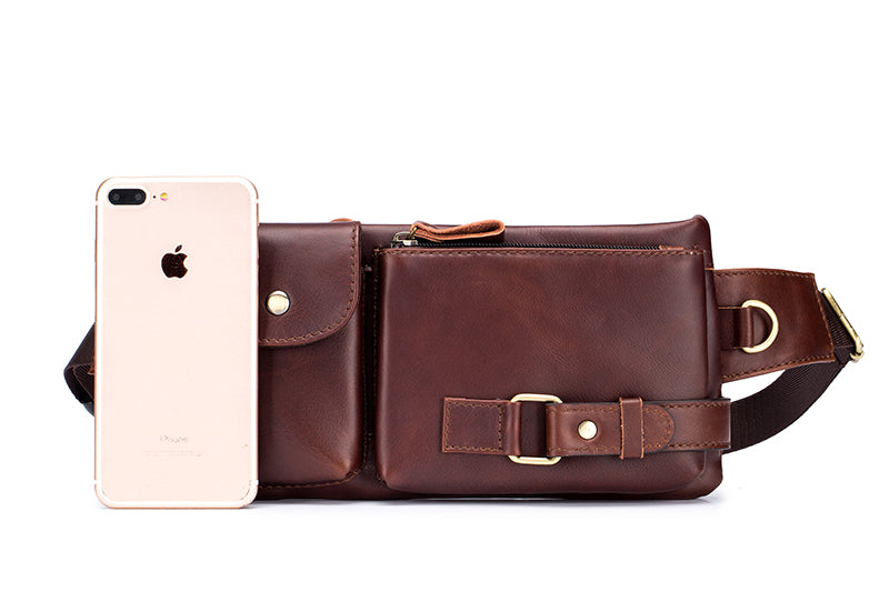 Mens Leather Fanny Pack Vintage Crossbody Chest Waist Belt Bag Coffee
