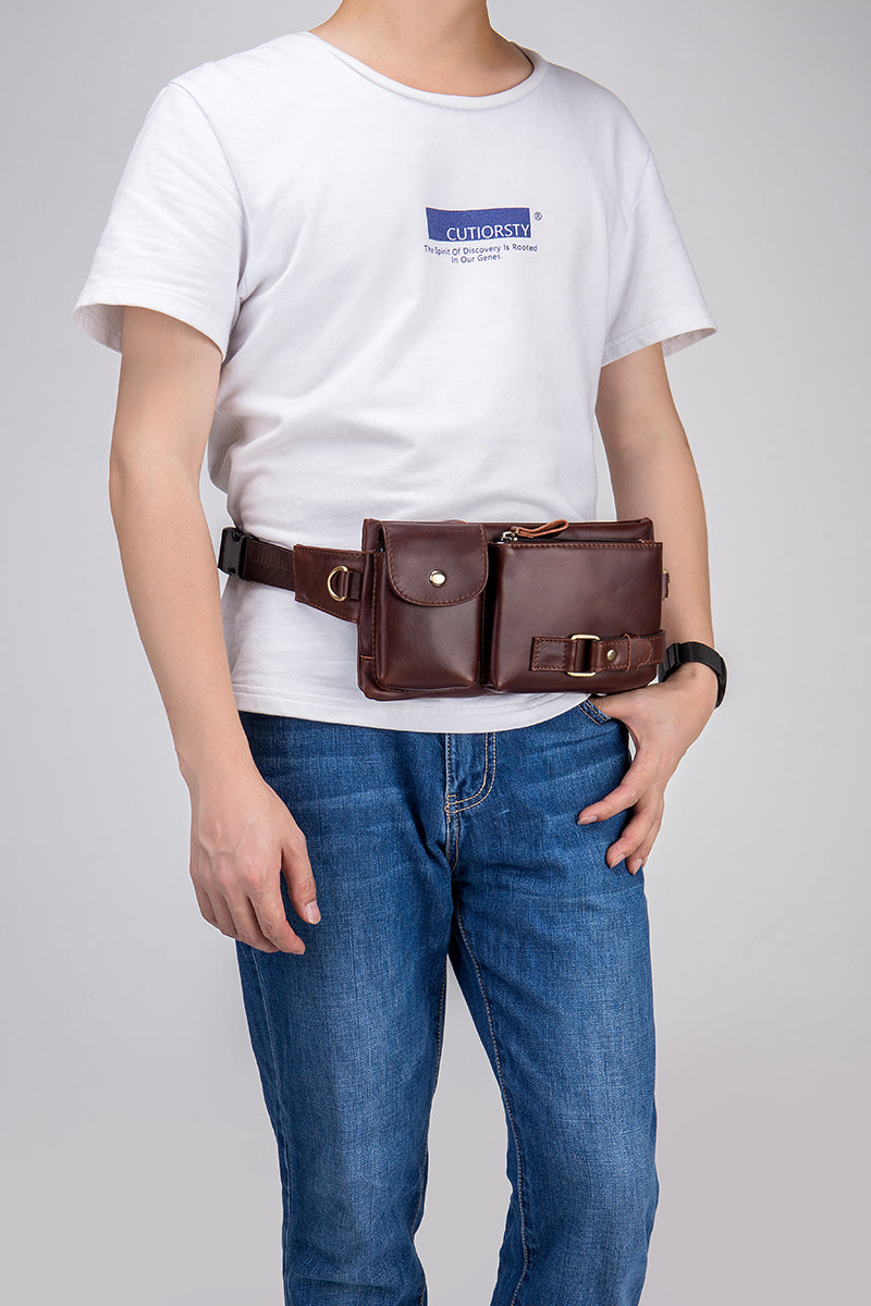 Mens Leather Fanny Pack Vintage Crossbody Chest Waist Belt Bag Coffee