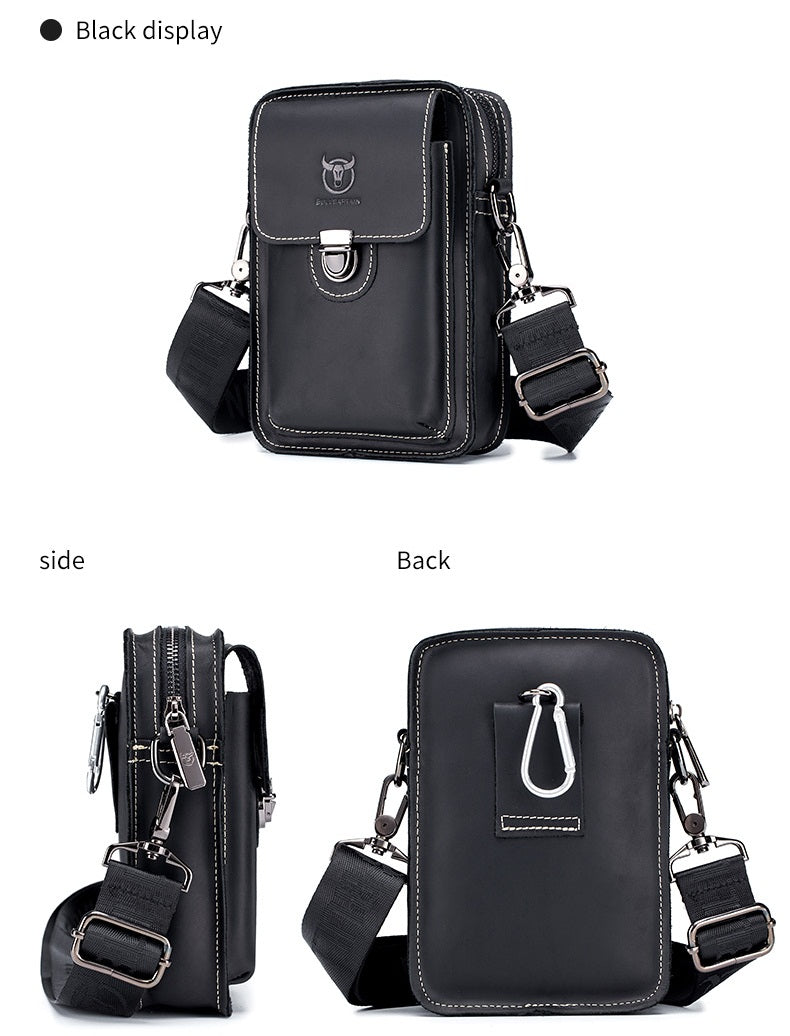 Mens Leather Small Shoulder Bag Cell Phone Crossbody Belt Waist Bag Black
