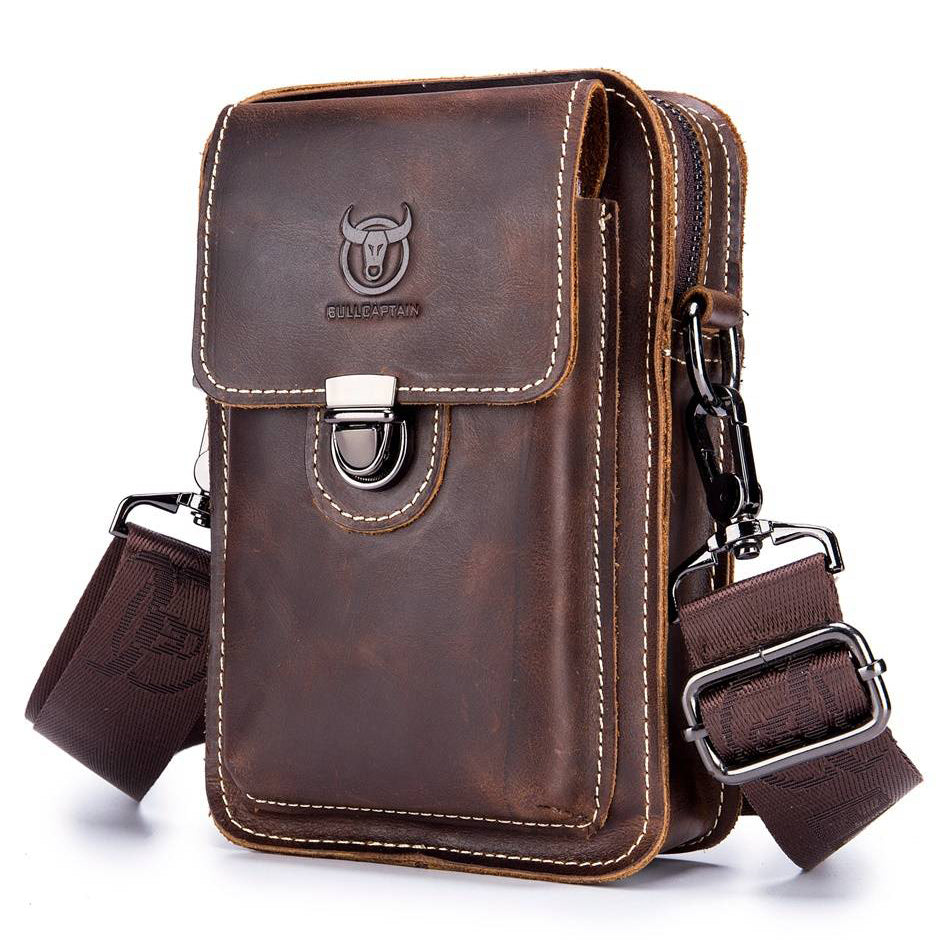 Men's Leather Small Shoulder Bag Cell Phone Crossbody Belt Waist Bag Brown