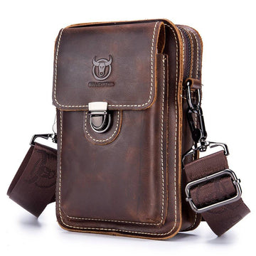 Men's Leather Small Shoulder Bag Cell Phone Crossbody Belt Waist Bag Brown