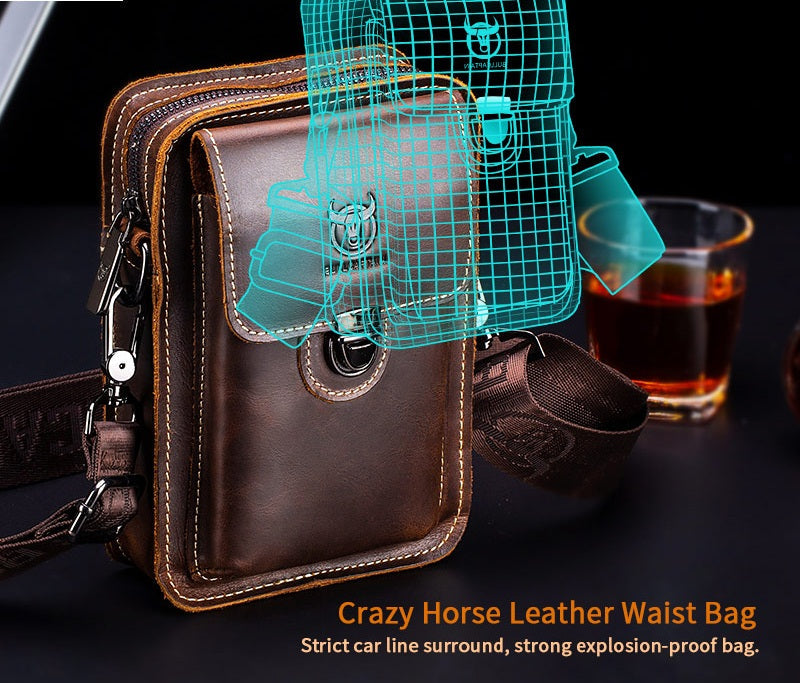 Men's Leather Small Shoulder Bag Cell Phone Crossbody Belt Waist Bag Brown