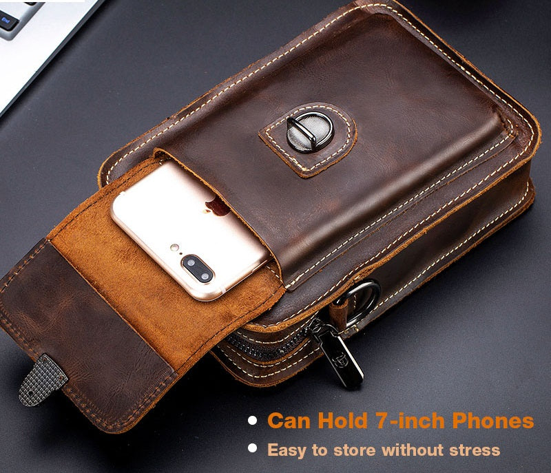 Mens Leather Small Shoulder Bag Cell Phone Crossbody Belt Waist Bag Brown