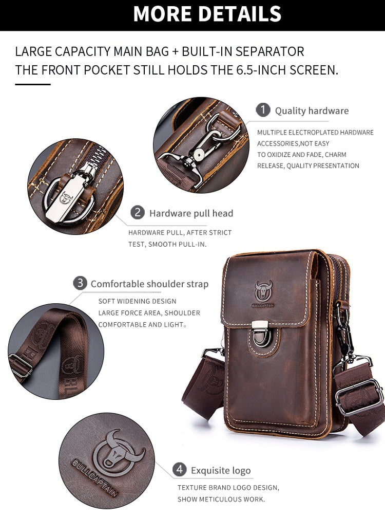 Mens Leather Small Shoulder Bag Cell Phone Crossbody Belt Waist Bag Brown