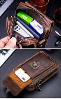 Mens Leather Small Shoulder Bag Cell Phone Crossbody Belt Waist Bag Brown