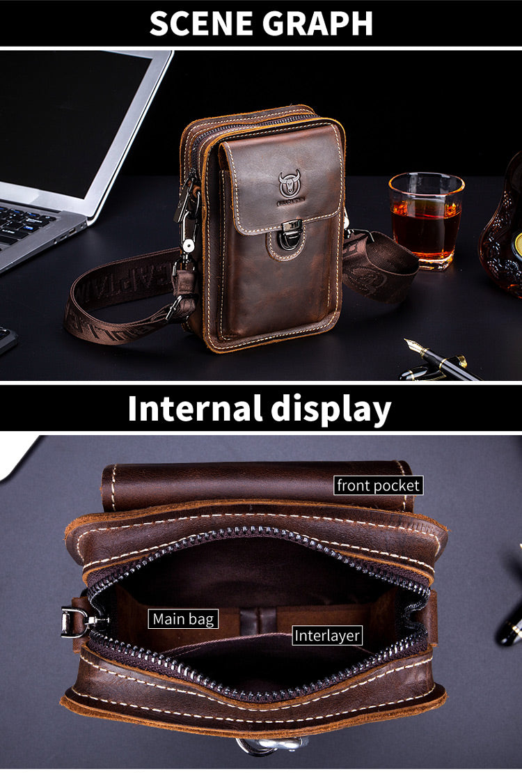 Mens Leather Small Shoulder Bag Cell Phone Crossbody Belt Waist Bag Brown
