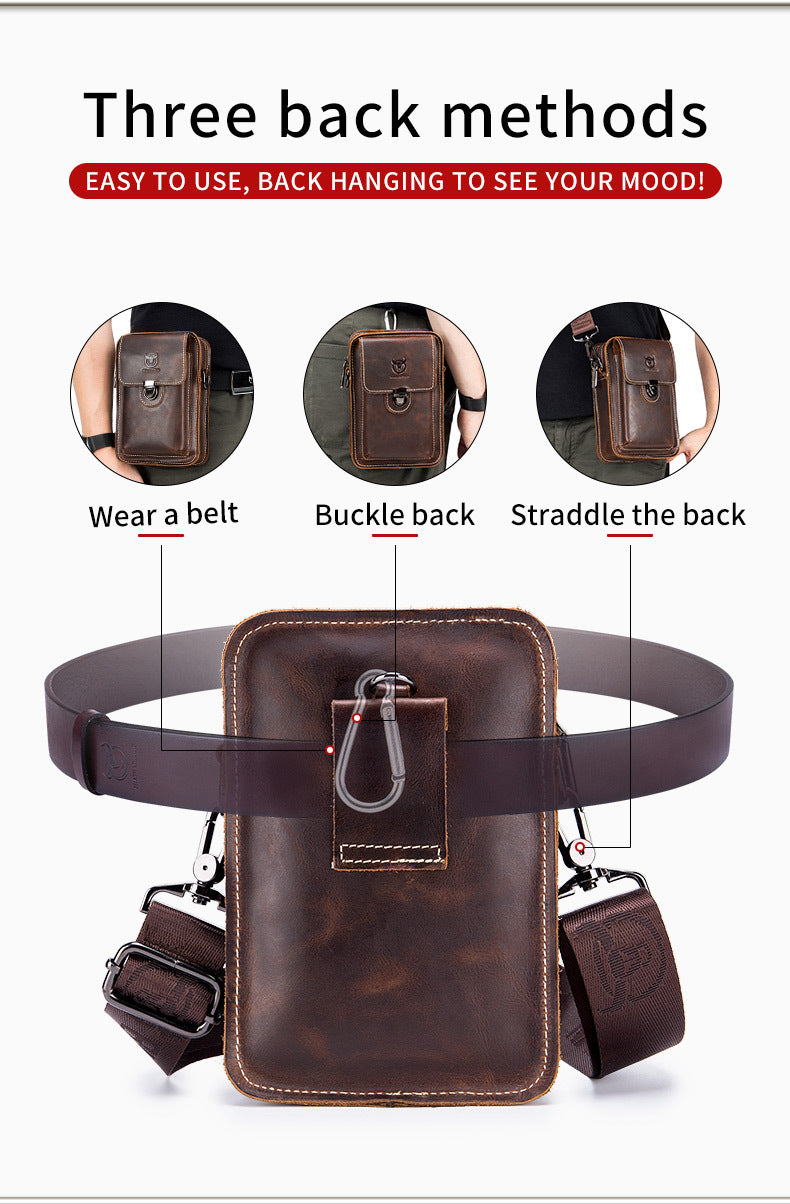 Mens Leather Small Shoulder Bag Cell Phone Crossbody Belt Waist Bag Brown