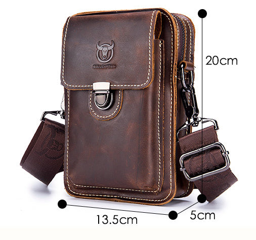 Mens Leather Small Shoulder Bag Cell Phone Crossbody Belt Waist Bag Brown