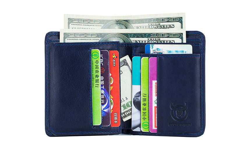 Mens Leather Trifold RFID Wallet With 2 ID Window With Gift Box Blue