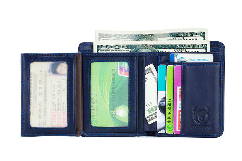 Mens Leather Trifold RFID Wallet With 2 ID Window With Gift Box Blue