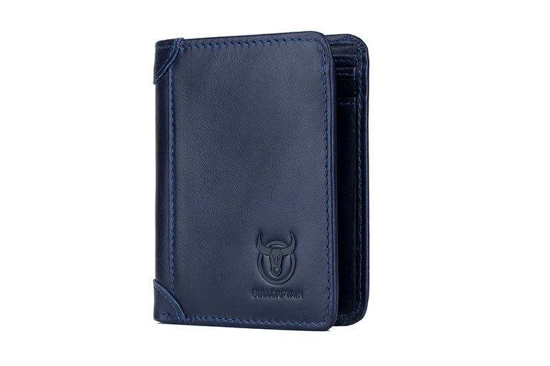 Mens Leather Trifold RFID Wallet With 2 ID Window With Gift Box Blue