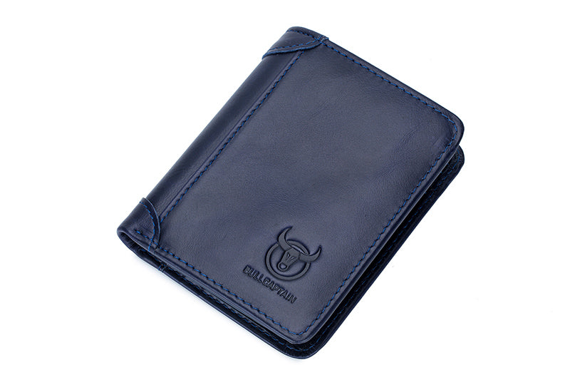 Mens Leather Trifold RFID Wallet With 2 ID Window With Gift Box Blue