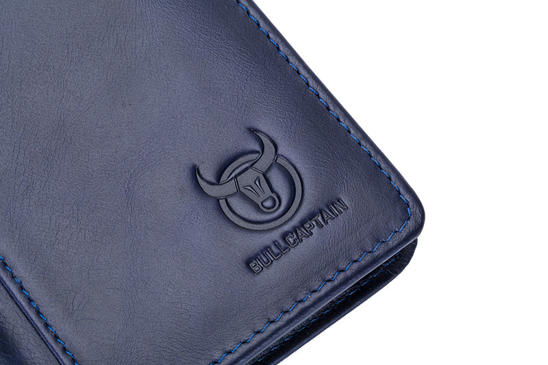 Mens Leather Trifold RFID Wallet With 2 ID Window With Gift Box Blue