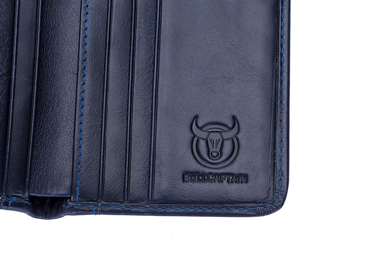 Mens Leather Trifold RFID Wallet With 2 ID Window With Gift Box Blue