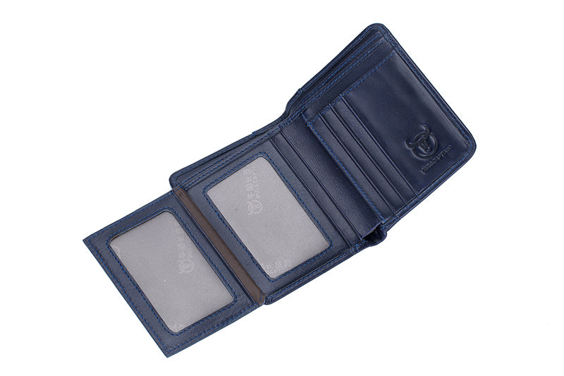 Mens Leather Trifold RFID Wallet With 2 ID Window With Gift Box Blue