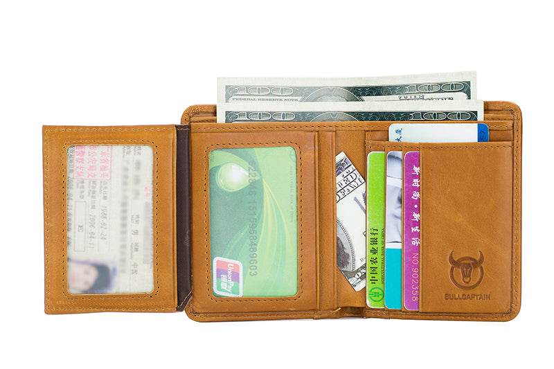 Mens Leather Trifold RFID Wallet With 2 ID Window With Gift Box  Brown