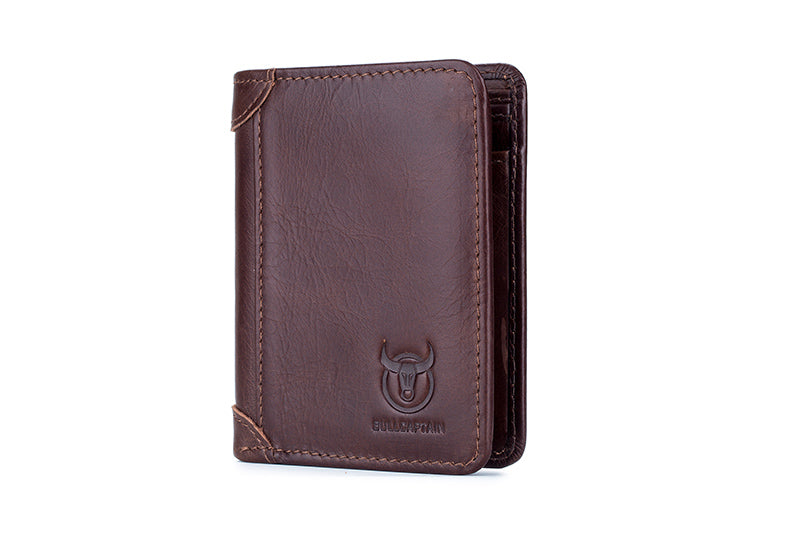 Mens Leather Trifold RFID Wallet With 2 ID Window With Gift Box Coffee 