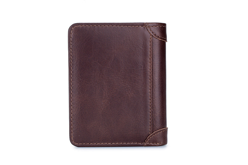 Mens Leather Trifold RFID Wallet With 2 ID Window With Gift Box Coffee