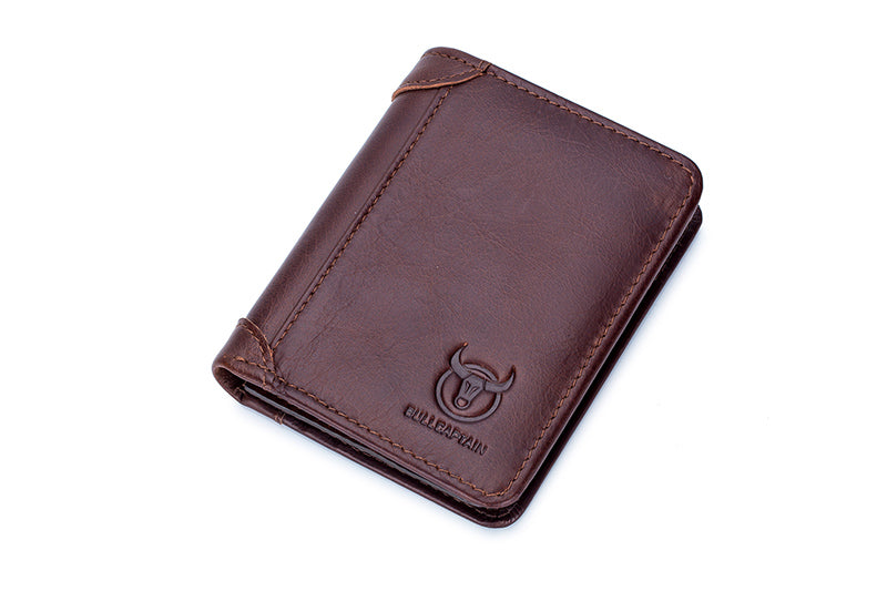 Mens Leather Trifold RFID Wallet With 2 ID Window With Gift Box Coffee