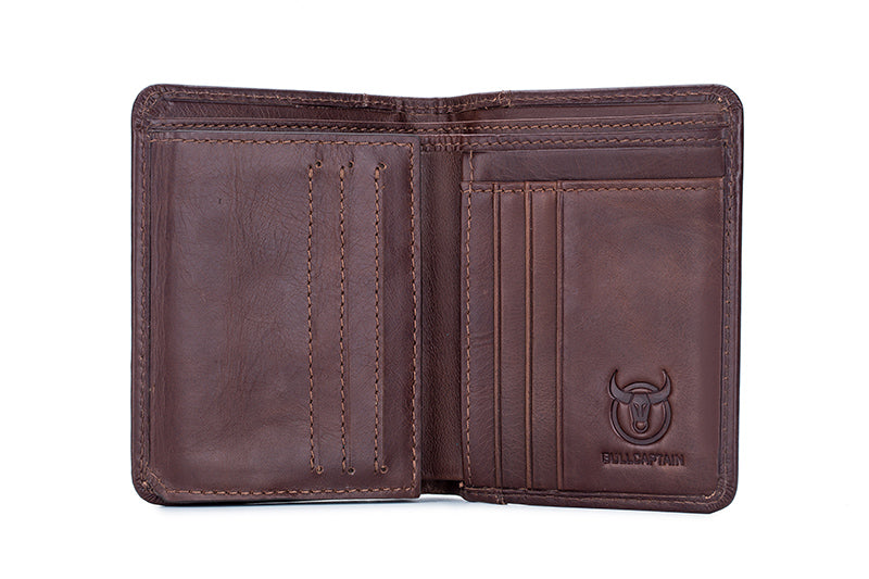 Mens Leather Trifold RFID Wallet With 2 ID Window With Gift Box Coffee