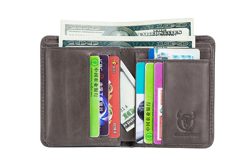 Mens Leather Trifold RFID Wallet With 2 ID Window With Gift Box Grey