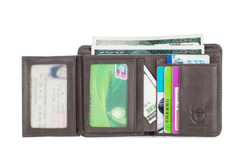Mens Leather Trifold RFID Wallet With 2 ID Window With Gift Box Grey