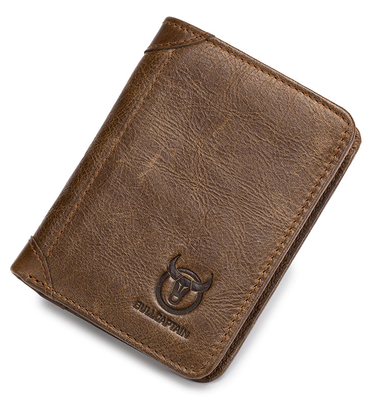 Mens Leather Trifold RFID Wallet With 2 ID Window With Gift Box Tan