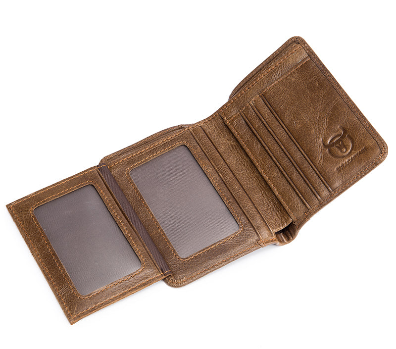 Mens Leather Trifold RFID Wallet With 2 ID Window With Gift Box Tan