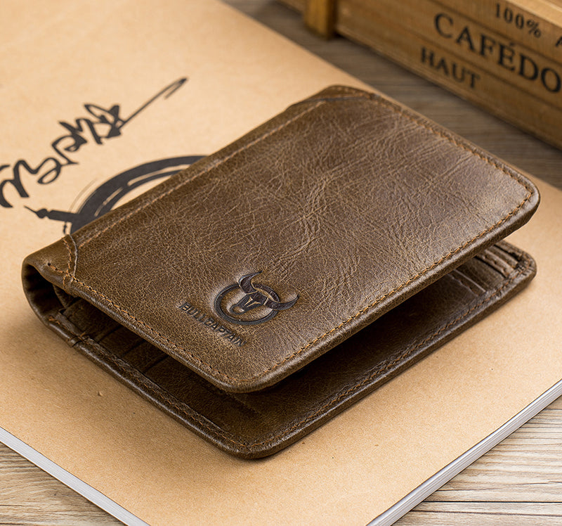 Mens Leather Trifold RFID Wallet With 2 ID Window With Gift Box Tan