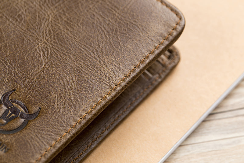 Mens Leather Trifold RFID Wallet With 2 ID Window With Gift Box Tan