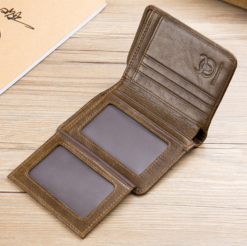 Mens Leather Trifold RFID Wallet With 2 ID Window With Gift Box Tan