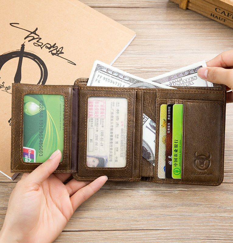 Mens Leather Trifold RFID Wallet With 2 ID Window With Gift Box Tan