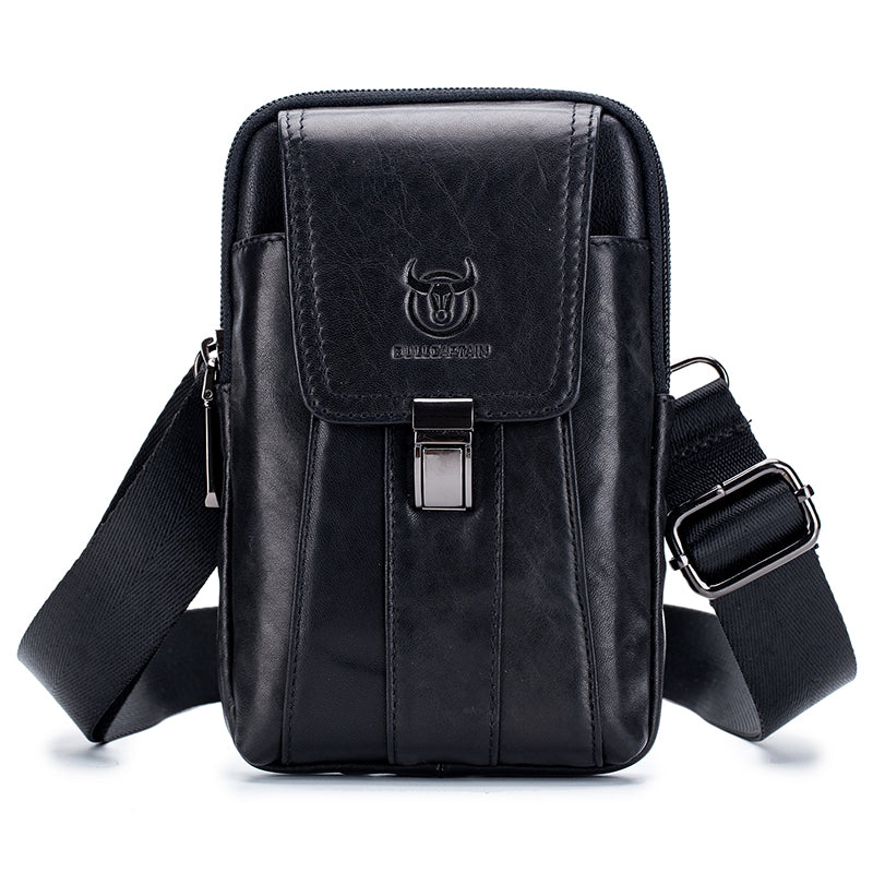 Mens Leather Waist Belt Phone Bag Mini Crossbody Shoulder Bag Purse Black VERTICAL