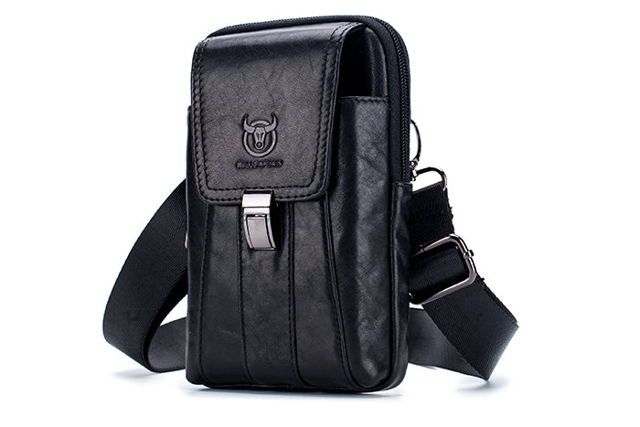 Mens Leather Waist Belt Phone Bag Mini Crossbody Shoulder Bag Purse Black VERTICAL