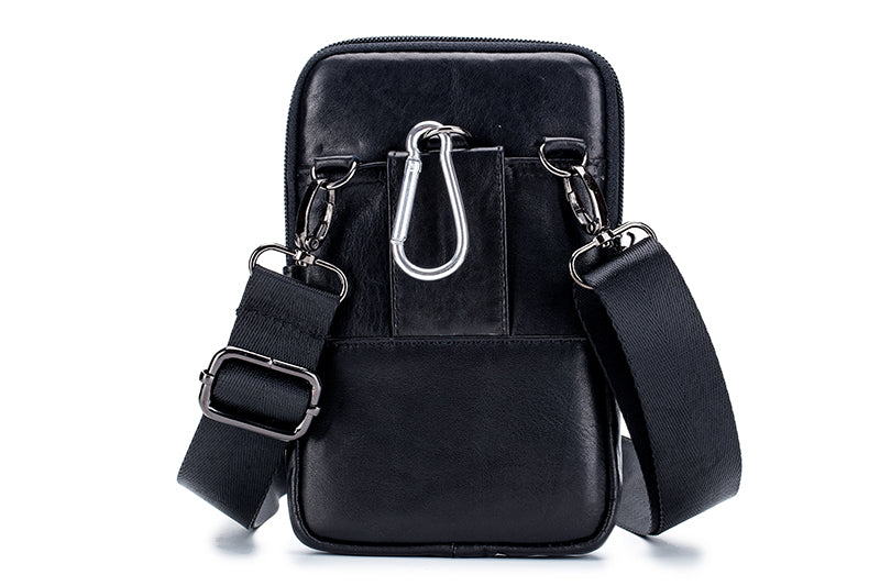 Mens Leather Waist Belt Phone Bag Mini Crossbody Shoulder Bag Purse Black VERTICAL