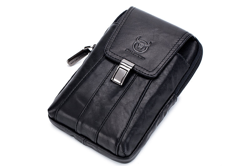 Mens Leather Waist Belt Phone Bag Mini Crossbody Shoulder Bag Purse Black VERTICAL