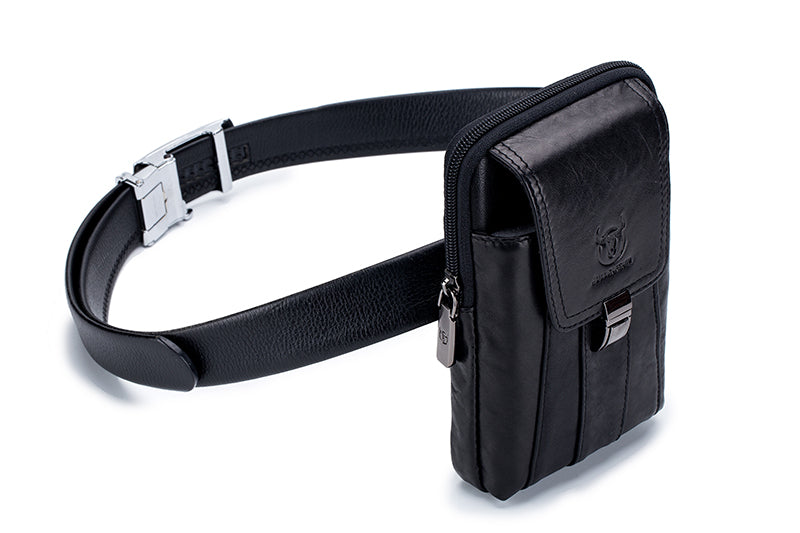 Mens Leather Waist Belt Phone Bag Mini Crossbody Shoulder Bag Purse Black VERTICAL