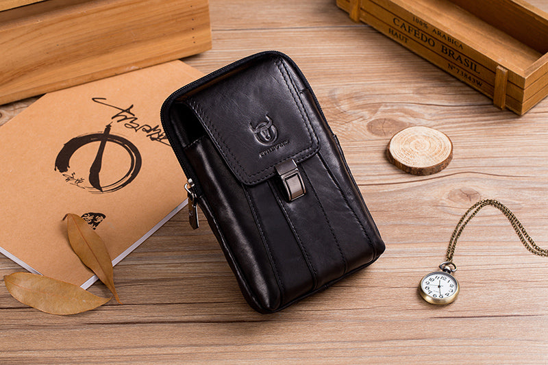 Mens Leather Waist Belt Phone Bag Mini Crossbody Shoulder Bag Purse Black VERTICAL