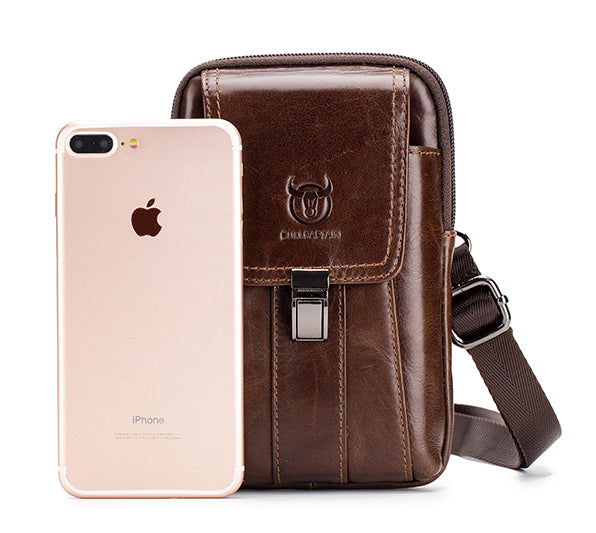Mens Leather Waist Belt Phone Bag Mini Crossbody Shoulder Bag Purse Brown VERTICAL