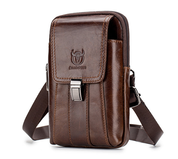Mens Leather Waist Belt Phone Bag Mini Crossbody Shoulder Bag Purse Brown VERTICAL