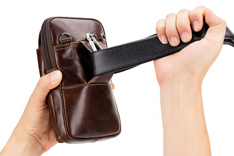Mens Leather Waist Belt Phone Bag Mini Crossbody Shoulder Bag Purse Brown VERTICAL